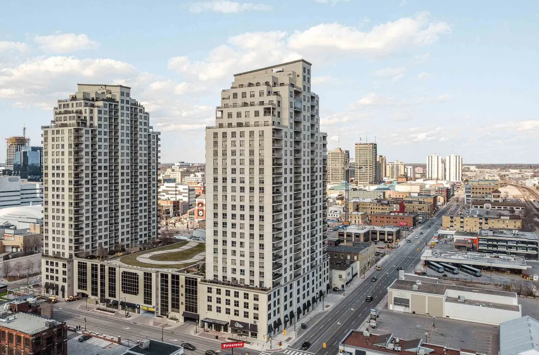 Aerial view of downtown London, Ontario, with residential towers and city streets